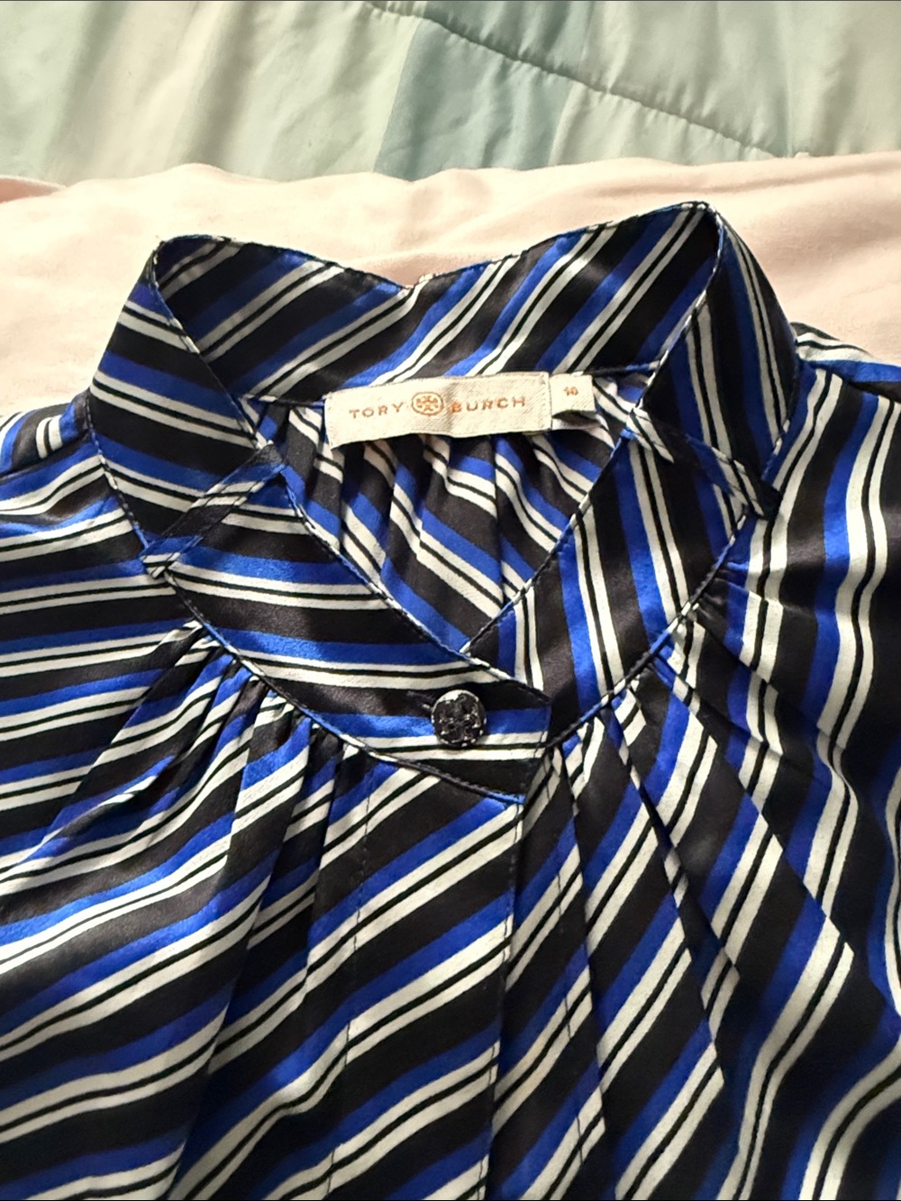 Tory Burch Black, Blue and White Striped Silk Blouse - Picture 4 of 10